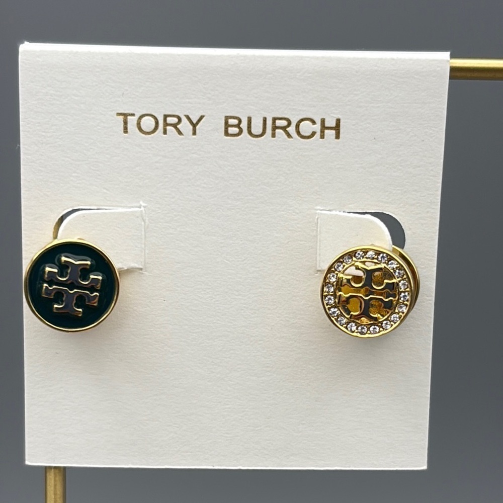 Tory Burch Gold Tone, Emerald Green Enamel and Crystal Double sided hoops